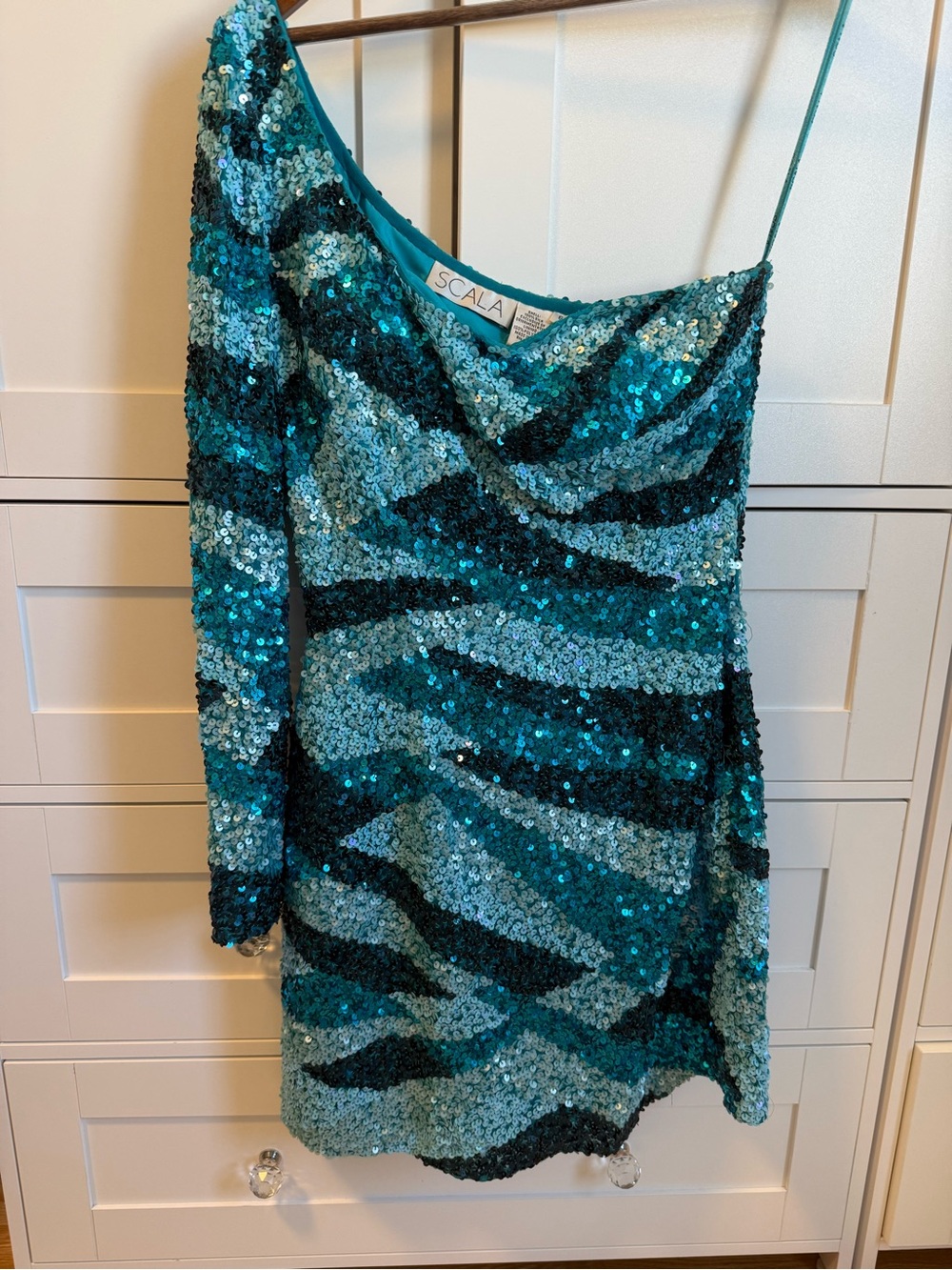 Scala Teal & Aqua Sequin Asymmetrical One-Shoulder Dress